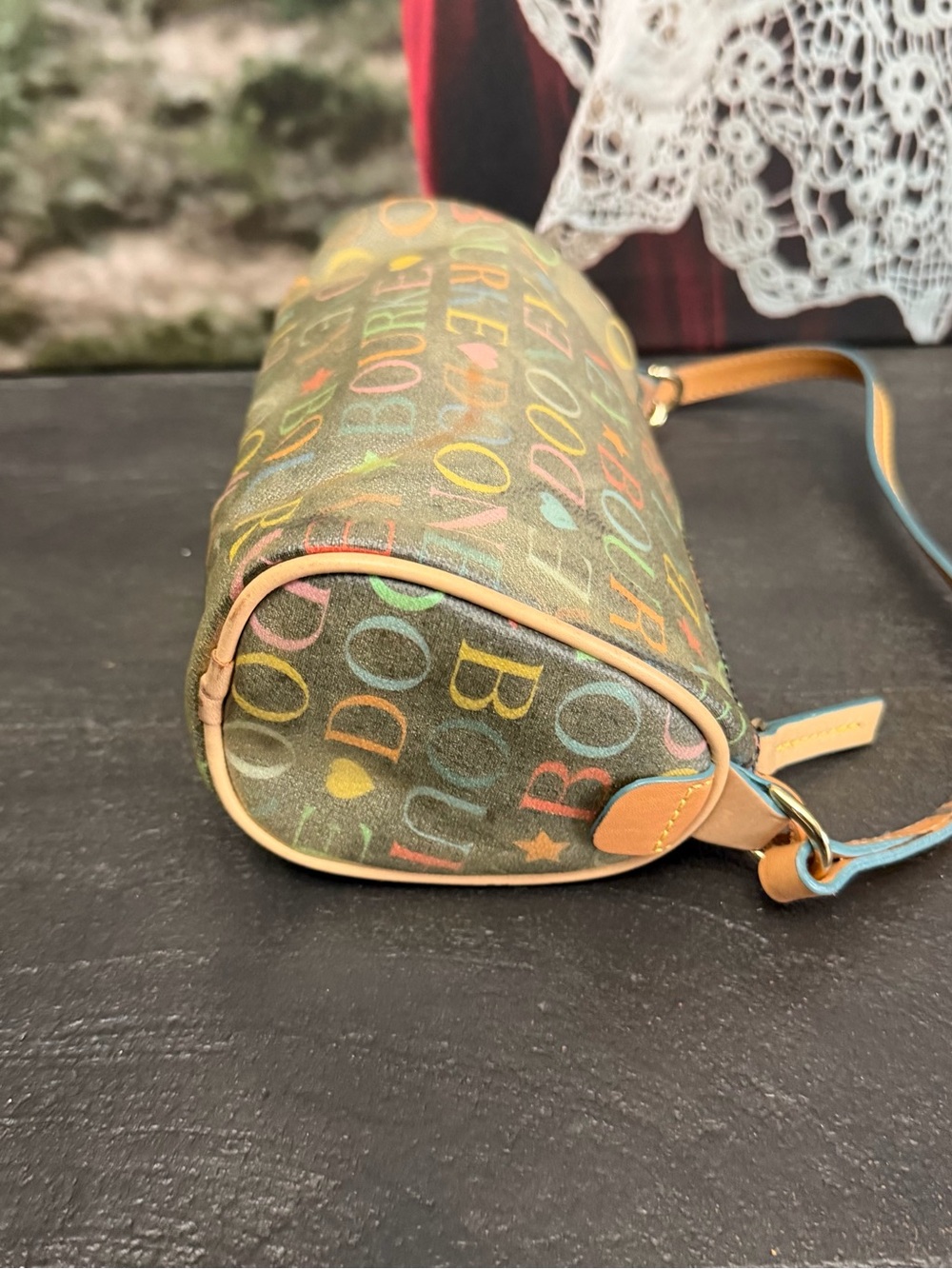 Vintage Dooney & Bourke Multicolor Script mini shoulder barrel bag - Picture 5 of 10
